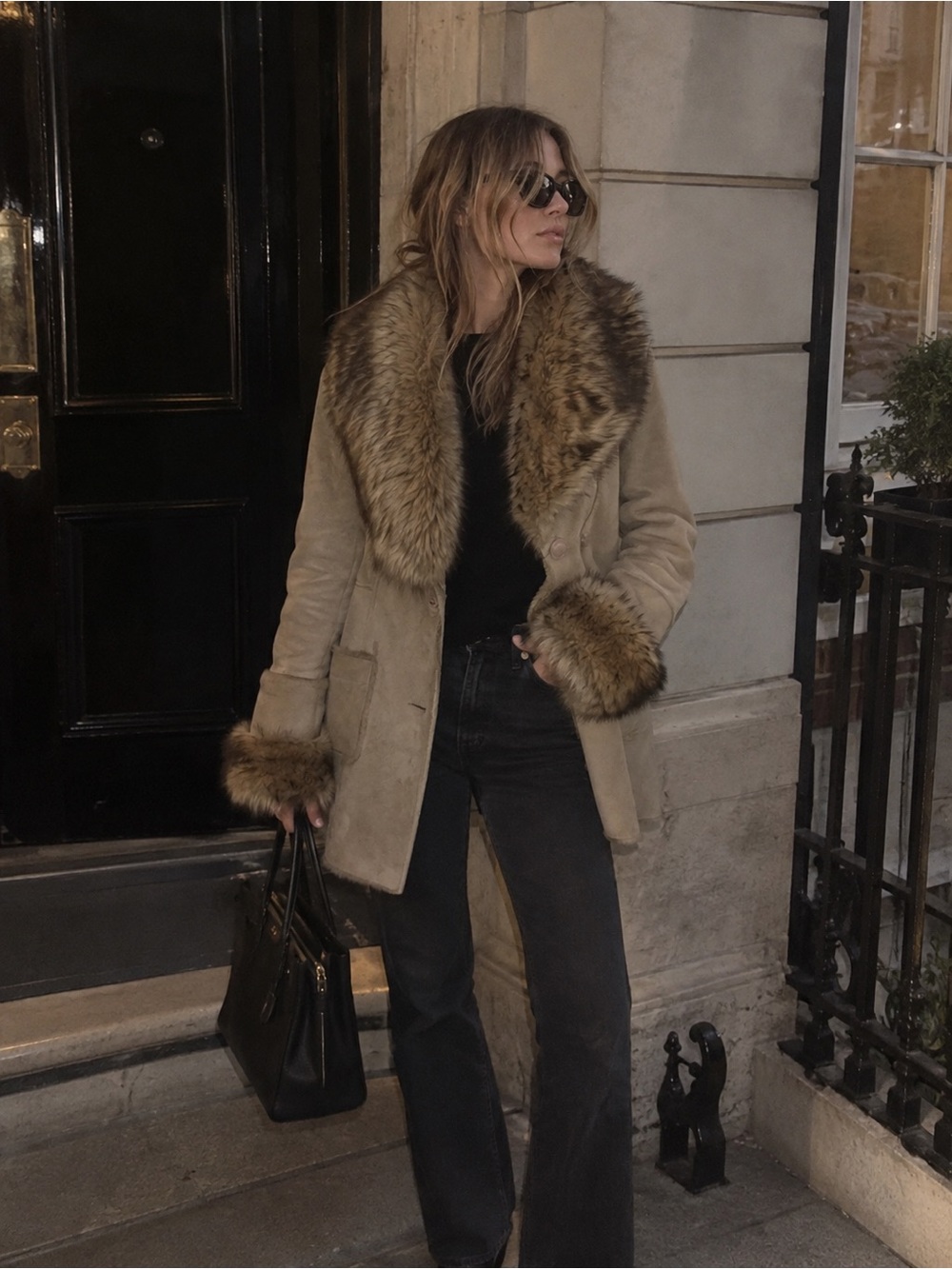 Taupe Shearling Trench Coat with Faux Fur Trim US 8-10